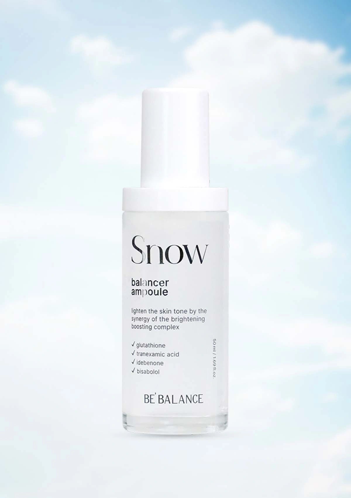 Skincare bottle labeled 'Snow' on a light blue gradient background